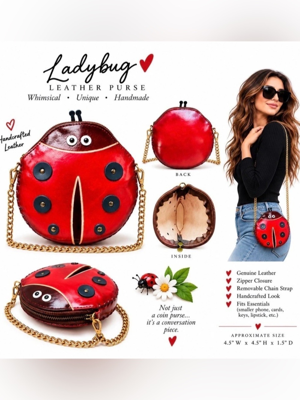 Ladybug Crossbody Purse Leather in Red